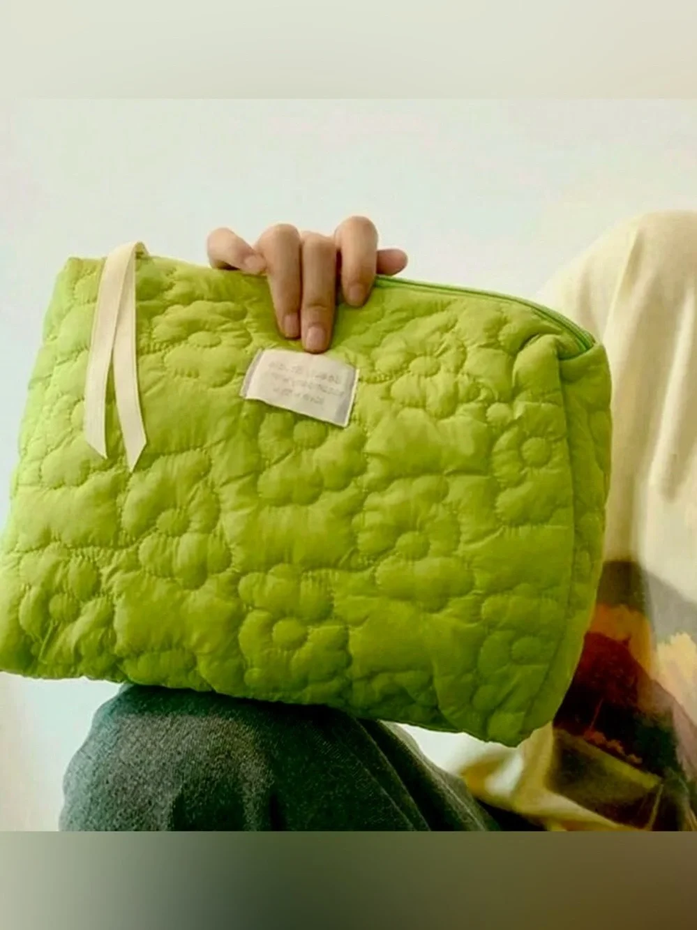 Large Green Quilted Pink Floral Women’s Makeup Toiletries Cosmetic Organizer Bag